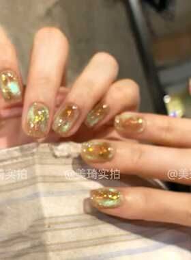 【阿勒泰】手绘晕染清新绿色猫眼纯手工穿戴甲297款带盒子工具包