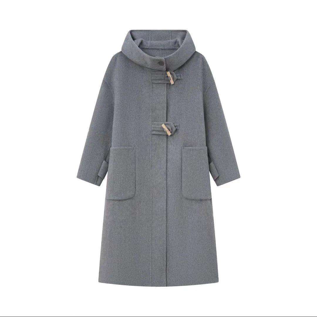 航邦祺连帽牛角扣慵懒韩系羊毛大衣