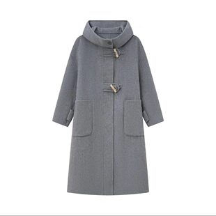 航邦祺连帽牛角扣慵懒韩系羊毛大衣