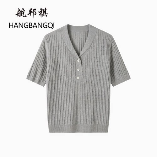 【花花推荐】航邦祺夏季半开领薄款正肩短袖针织衫LH-N530