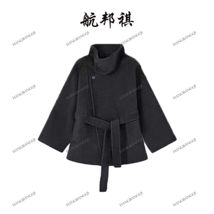 【呼呼严选】航邦祺小个子短款韩版系带立领毛呢大衣BQYY2506