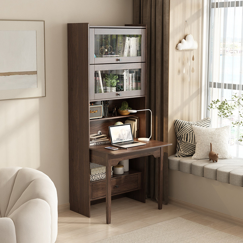 胡桃色实木书桌折叠书架一体卧室床边家用儿童学习桌电脑桌书柜桌