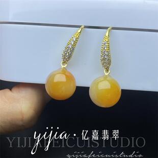 天然A货翡翠圆珠子耳环缅甸老坑冰种半黄翡玉石耳坠女款耳钩耳饰