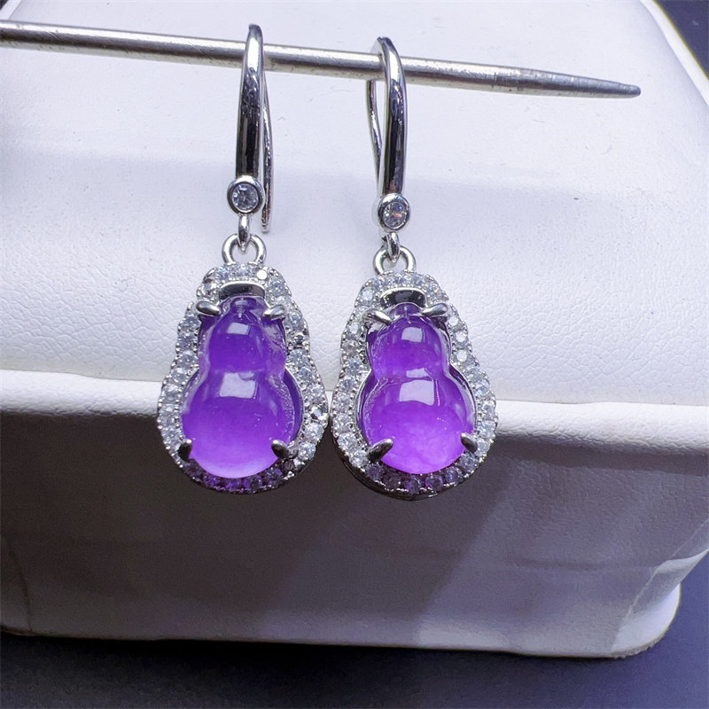 天然缅甸老坑A货翡翠紫罗兰葫芦耳环冰种紫玉石耳坠女款葫芦耳钩