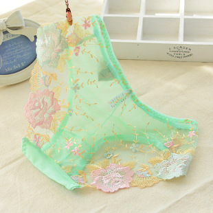 翠绿色中腰无痕内裤 欧美成人女士少女网纱刺绣花 性感全透明蕾丝