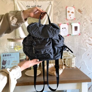 陈奶奶/韩系ins格纹抽绳双肩包新款小众慵懒风大容量学生通勤百搭