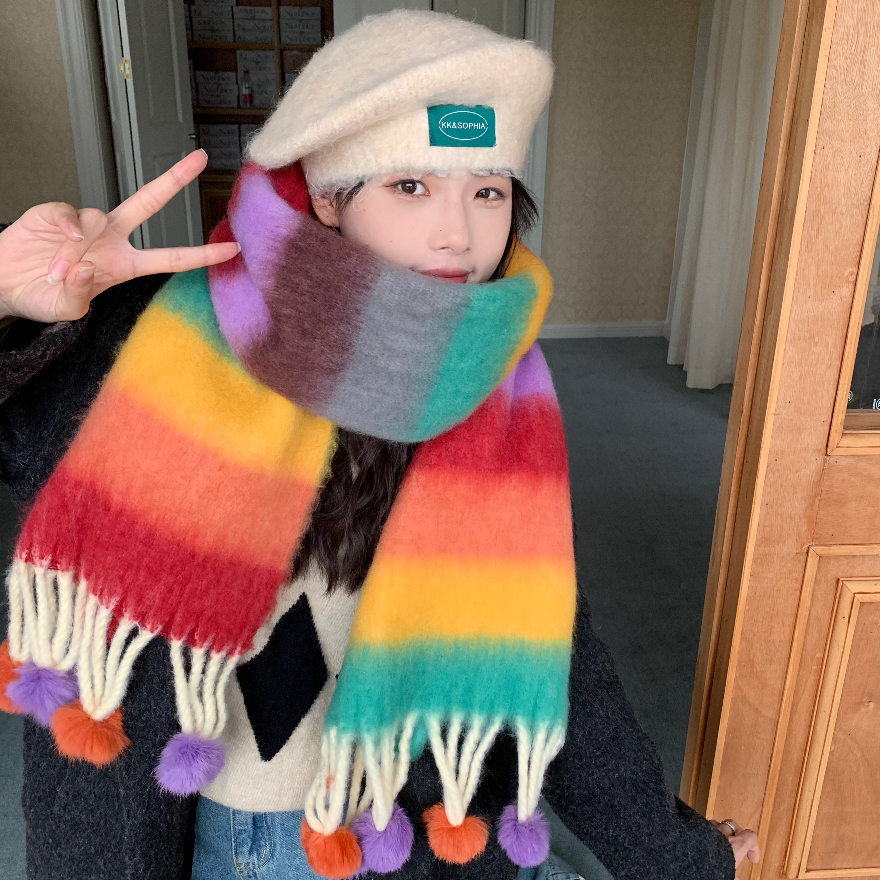 陈奶奶/彩虹多巴胺糖果色渐变马海毛围巾加厚保暖流苏韩版围脖女