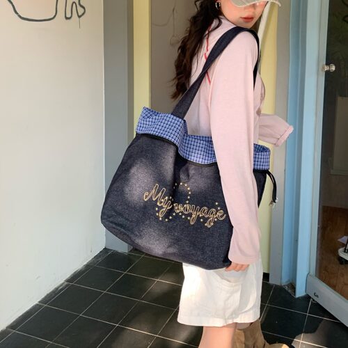陈奶奶复古牛仔翻边托特包女夏