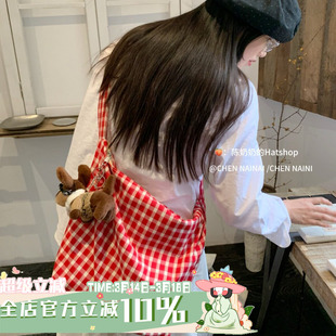 拉链闭合帆布包女红色格子百搭大容量单肩包休闲百搭通勤托特包