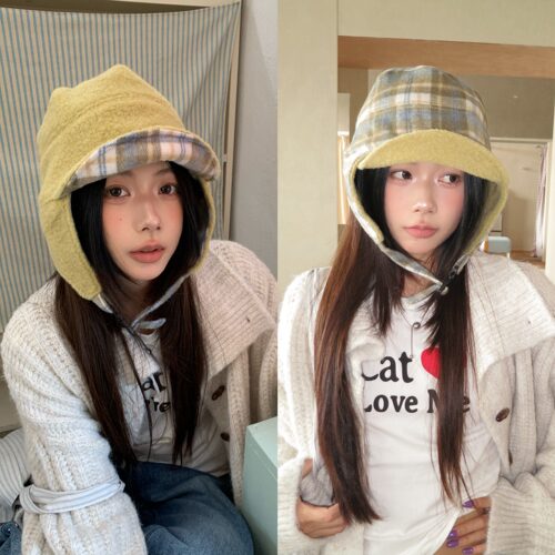 陈奶奶羊羔绒格子护耳帽子女秋冬
