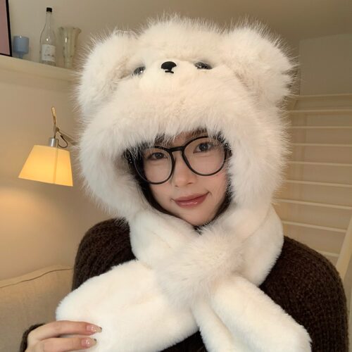陈奶奶软萌会动耳朵小熊毛绒帽女