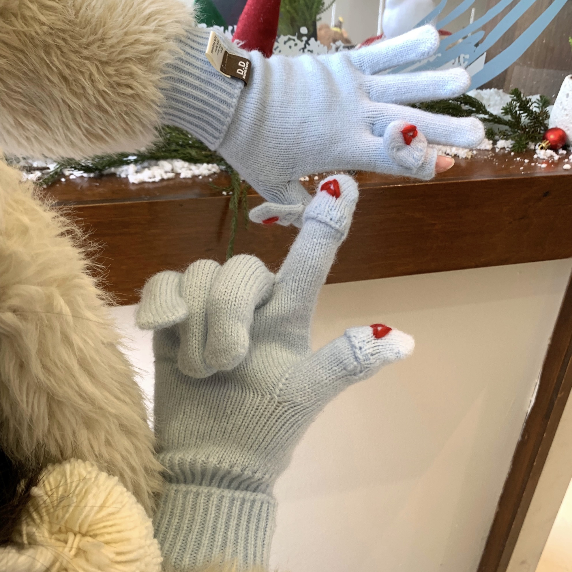 陈奶奶 含羊毛针织手套五指露两指女冬可爱触屏爱心韩版防寒保暖