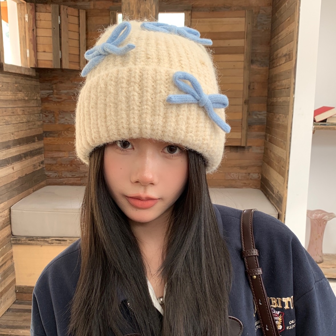 甜妹日常！陈奶奶蝴蝶结加厚保暖毛线针织帽百搭防寒包头冷帽子女