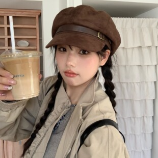 超绝质感 复古麂皮绒皮扣八角帽女秋冬日系百搭显脸小报童画家帽