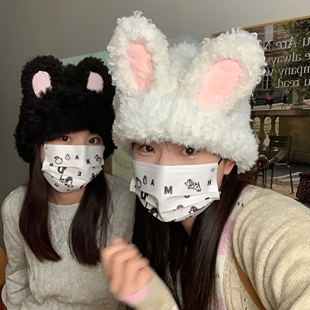 糯叽叽兔兔!甜美可爱兔子耳朵毛绒帽子女秋冬显脸小保暖包头冷帽