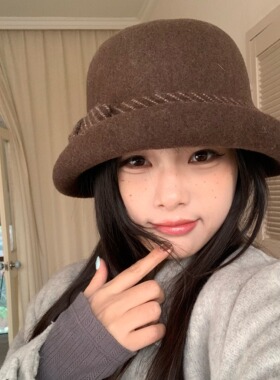 棕呢雅柔~陈奶奶/蝴蝶结毛呢礼帽女秋冬保暖复古精致百搭高级帽子