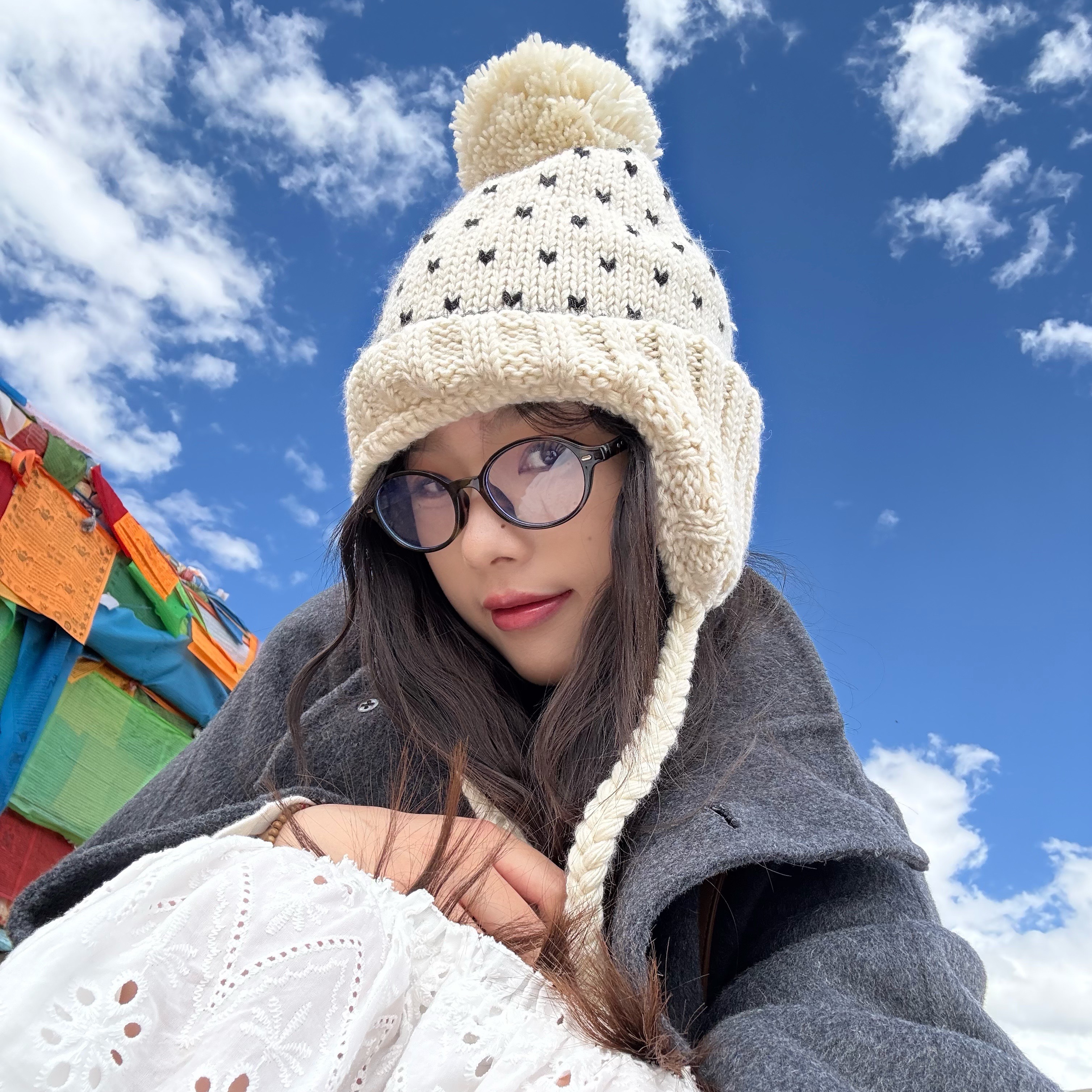 韩系波点爱心毛球针织帽