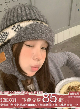 费尔岛复古！陈奶奶提花护耳帽针