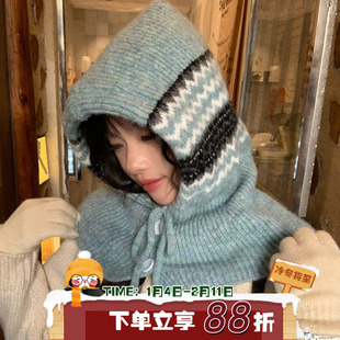 陈奶奶复古费尔岛羊毛混纺帽围一体女针织毛线连帽围脖巴拉克法帽