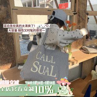 陈奶奶盐系清新条纹帆布包女简约百搭通勤上学单肩手提托特包学生