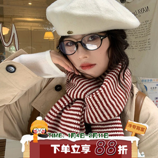 学院风十足！陈奶奶条纹针织围巾女撞色拼接百搭保暖学生毛线围巾