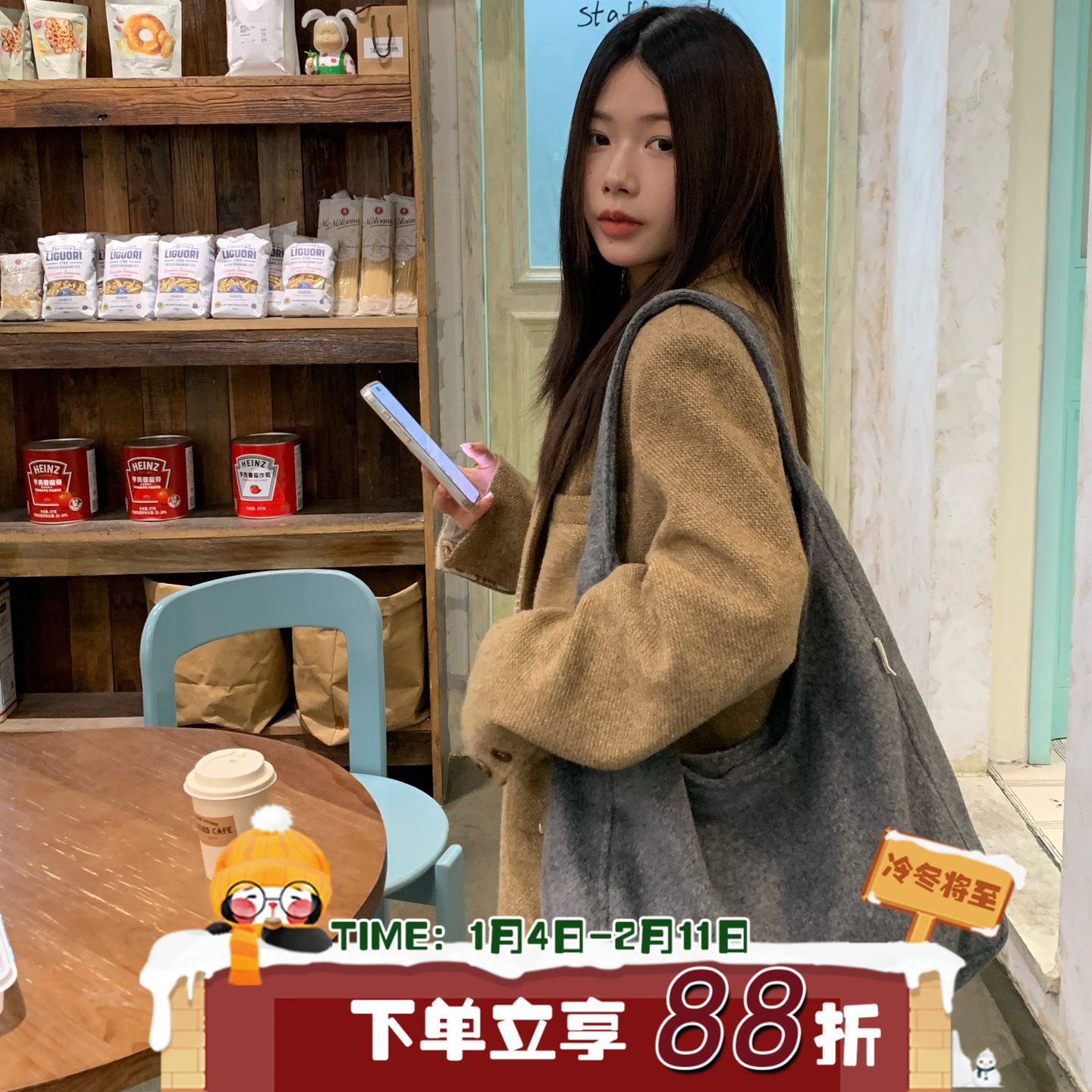 高级质感！陈奶奶毛呢秋冬单肩包女款时髦出街休闲韩版通勤托特包,箱包皮具/热销女包/男包,单肩包,淘宝优惠券,粉丝福利购,淘宝优惠卷