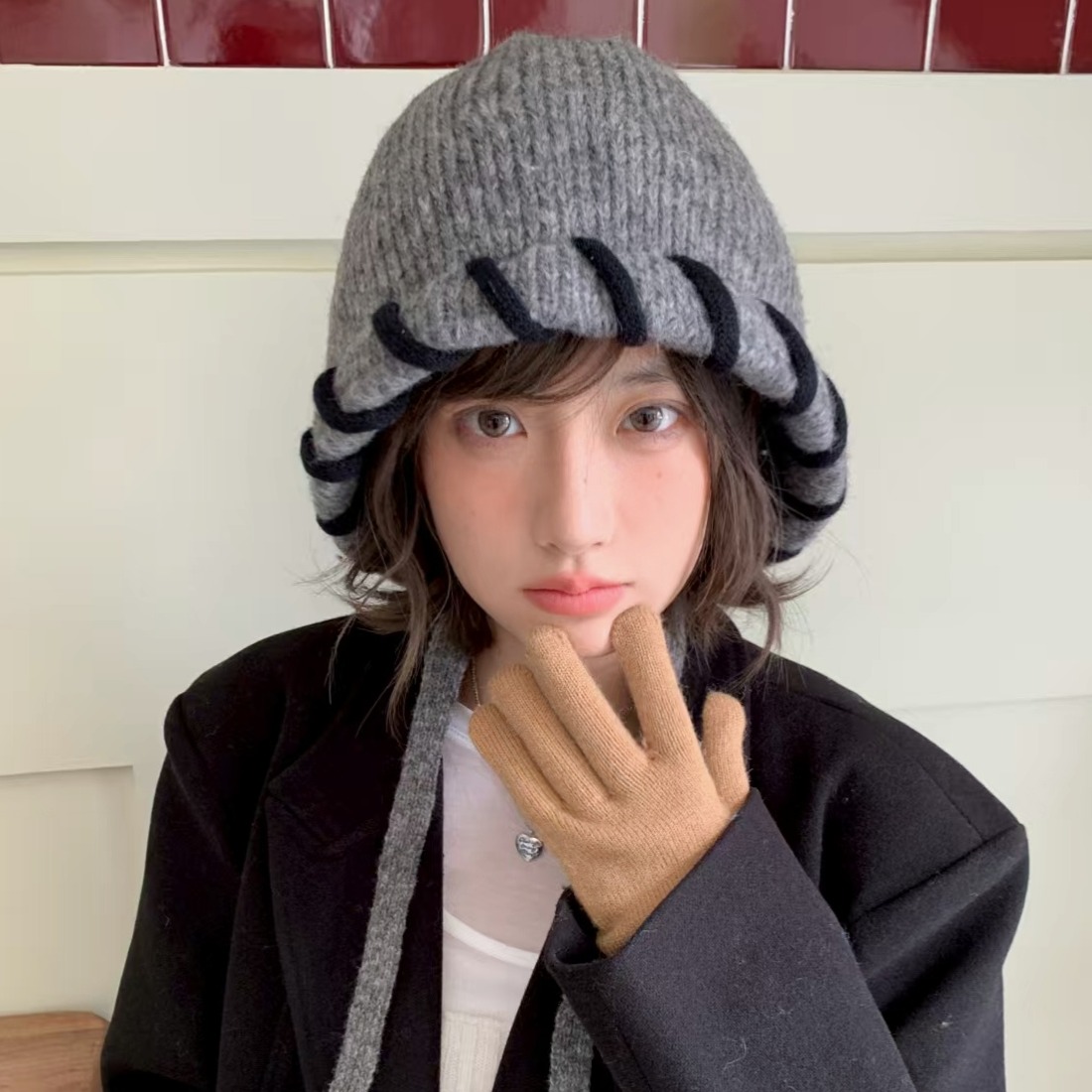 陈奶奶韩系秋冬针织绑带包头帽女显脸小保暖个性大头围防寒毛线帽