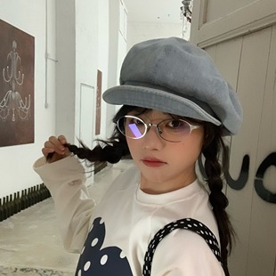 陈奶奶日系牛仔贝雷帽女大头围云朵八角帽子方圆脸文艺气质画家帽