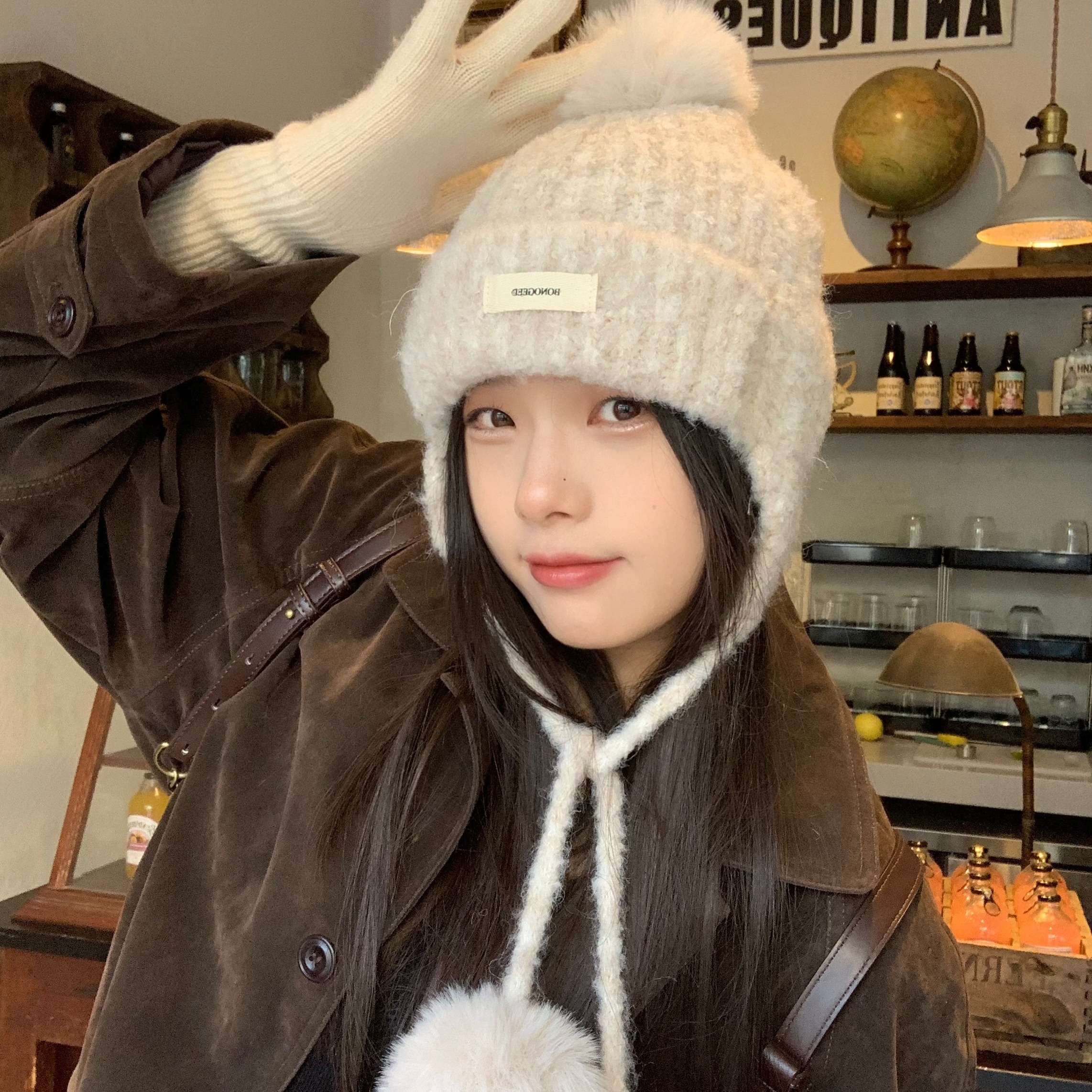 可爱毛球保暖加厚护耳毛线帽