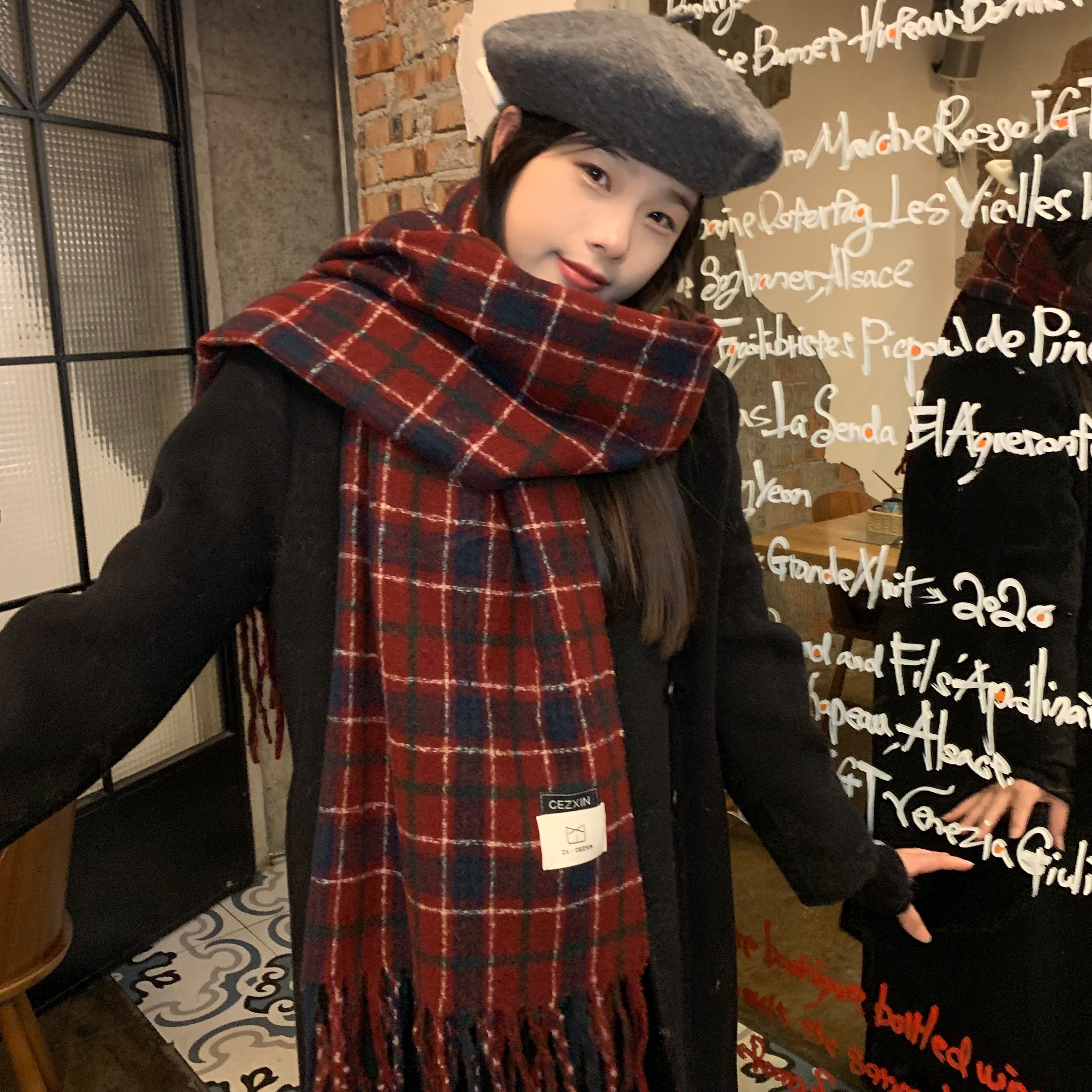 复古节日！陈奶奶圣诞节红色格纹秋冬保暖围巾时尚百搭防寒围脖女