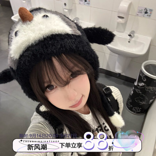 可爱暴击！陈奶奶卡通企鹅毛绒帽女可爱毛绒帽子学生秋冬加厚保暖