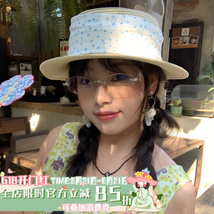 椰林晚风~陈奶奶复古蓝色波点草编礼帽女春夏出游百搭防晒遮阳帽