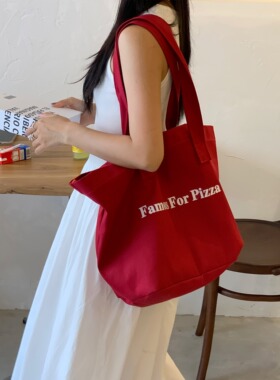 夏日通勤利器！韩版ins红色单肩字母印花帆布包托特手提休闲女包
