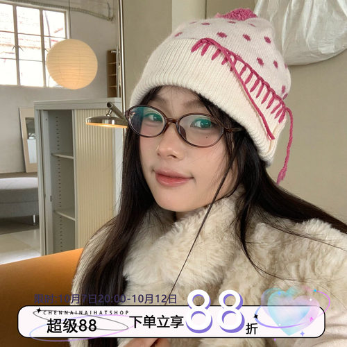 陈奶奶毛球波点针织帽子女秋冬