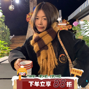烟汀傍晚/英伦复古撞色条纹松软针织围巾氛围感马海毛流苏披肩潮