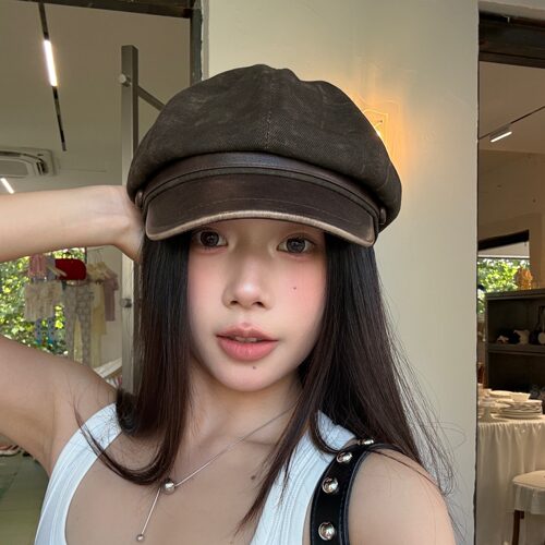 陈奶奶复古棕色八角帽女秋