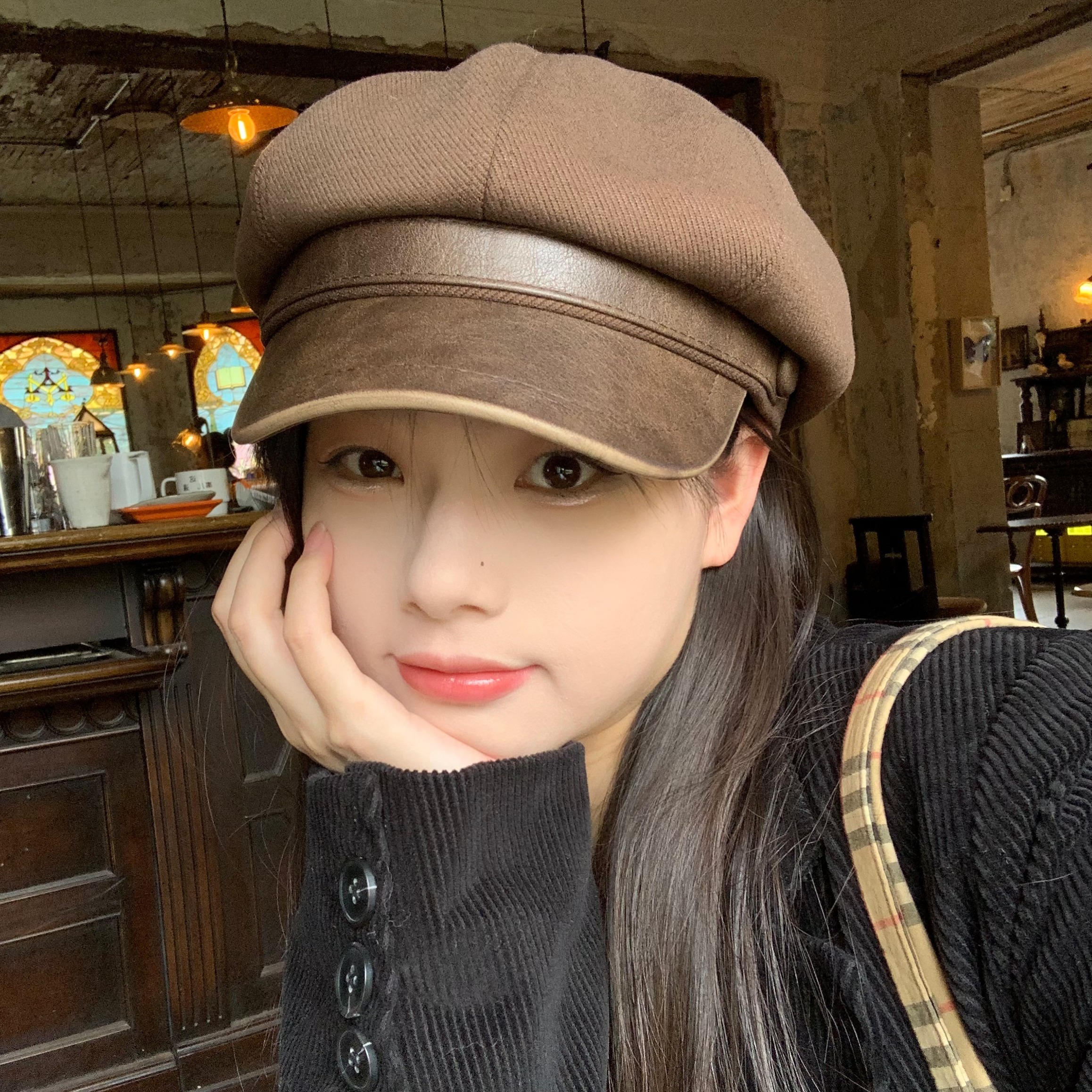 陈奶奶复古气质做旧拼皮八角帽