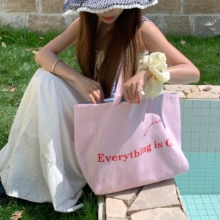 自由简意~陈奶奶字母双面可背帆布包大容量单肩包百搭通勤托特包