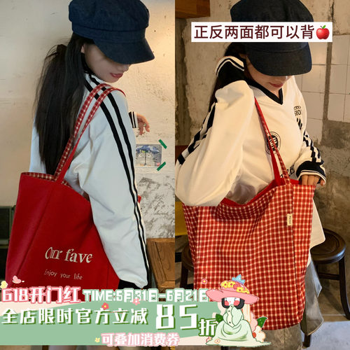 陈奶奶美式复古红帆布托特包