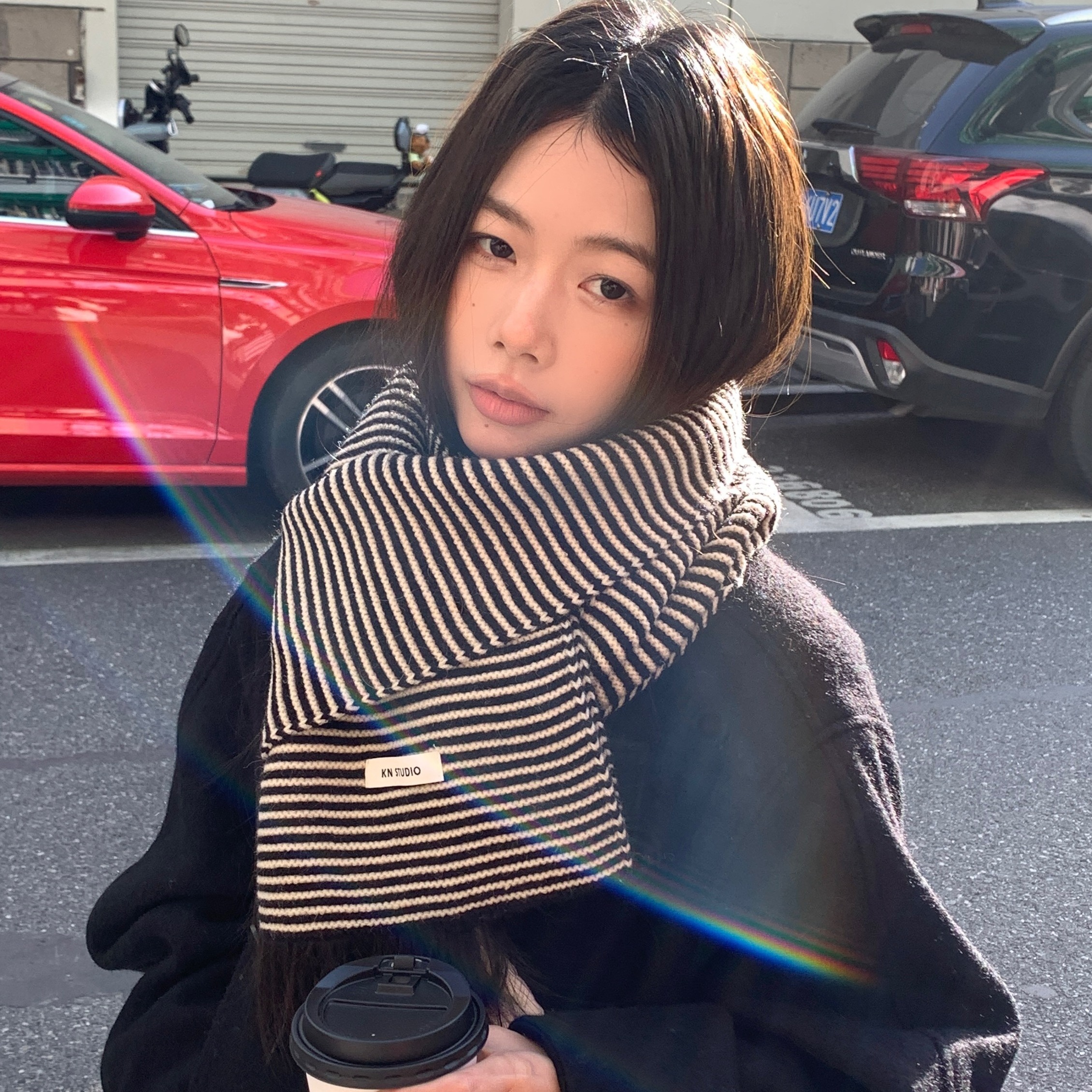 日系女主经典百搭条纹针织围巾