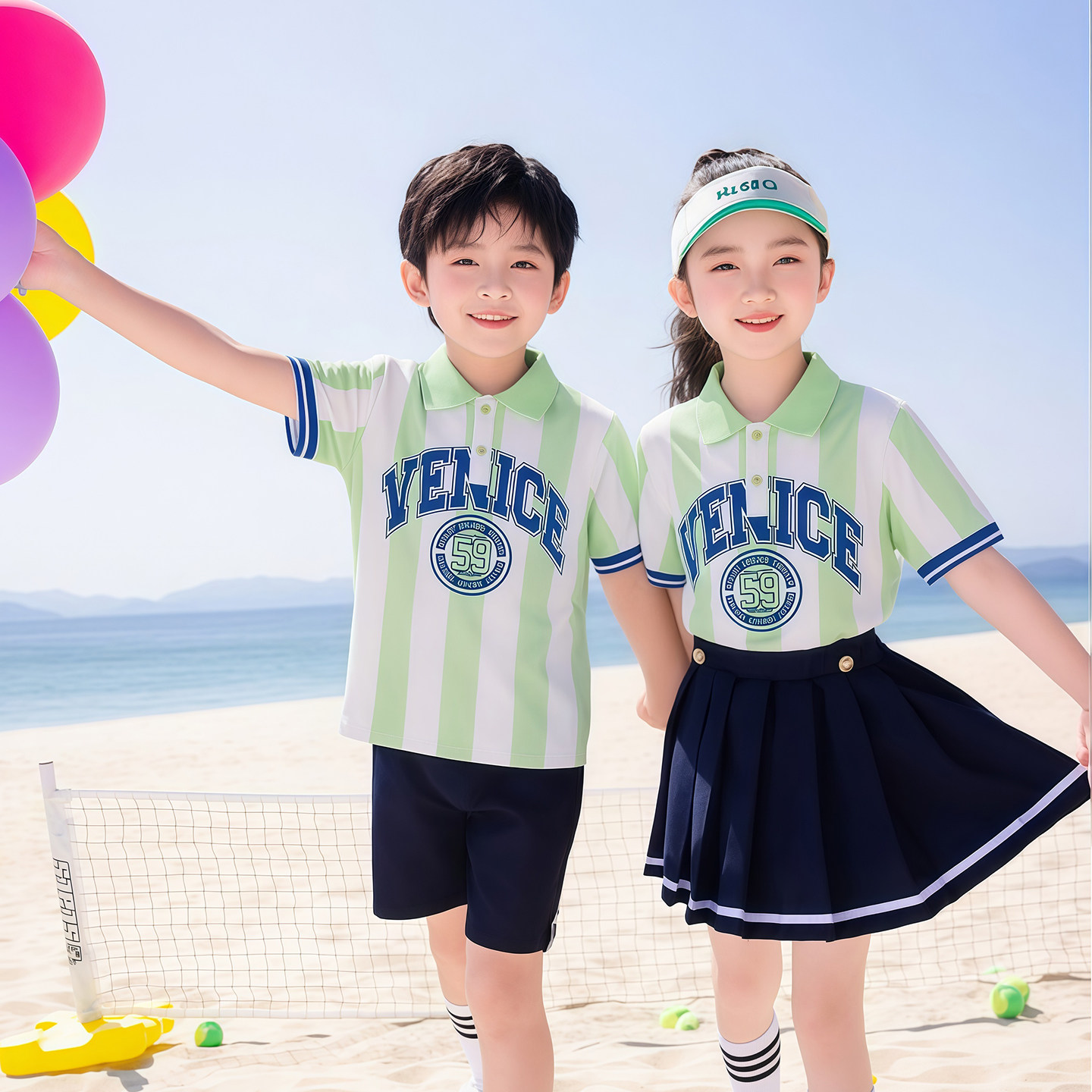 儿童校服运动套装男女小学生班服毕业照速干演出服绿色条纹