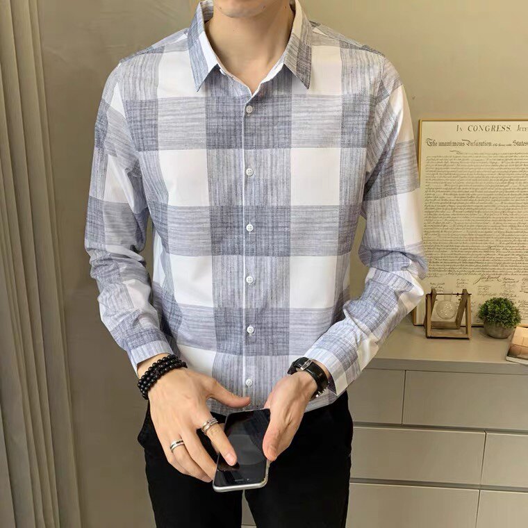 春季新款修身男士衬衫休闲简约2023百搭青年格子男款衬衫