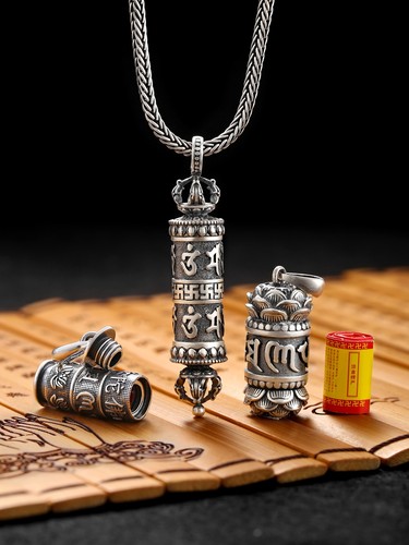 925银楞严咒吊坠空心可打开挂件民族风随身金刚杵男项链六字真言