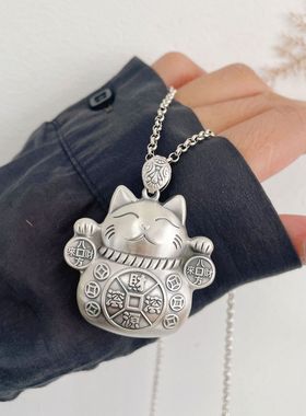 滚滚复古仿925纯银猫吊坠项链八方来可爱小猫女士毛衣吊坠项链女