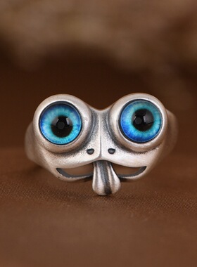 新款恶魔之眼仿纯银戒指创意青蛙吐舌立体造型嘻哈开口调节指环