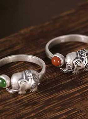 民族风2024新款小众设计复古镶嵌仿南红玛瑙银戒指女款可调节指环