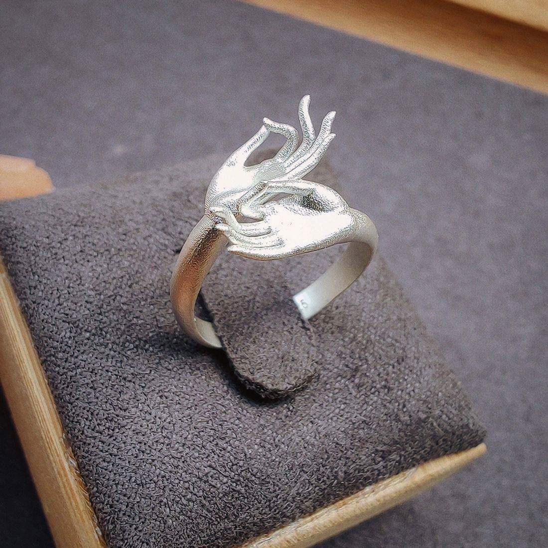 S925纯银磨砂设计佛手戒指复古中国风观音手势吉祥如意可调节指环