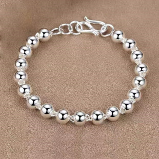 正品999纯银佛珠圆珠手链女情侣足银珠子手链儿童转运珠银饰礼物