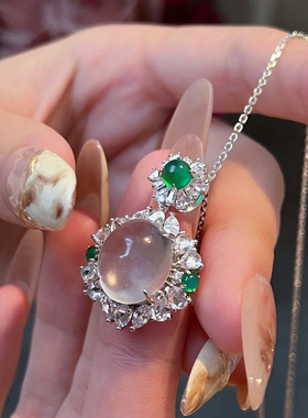 新中式国风仿天然冰透绿玉髓灰玛瑙白玉满钻气质豪镶蛋面吊坠项链