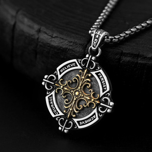 S925纯银复古鸢尾花吊坠个性霸气十字架潮男挂坠项链送男友礼物